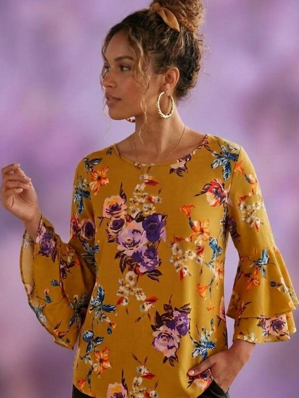 Flowy Bell Ruffle-Sleeve Fall Blouse-in Yellow Ochre and Purple Sz Medium